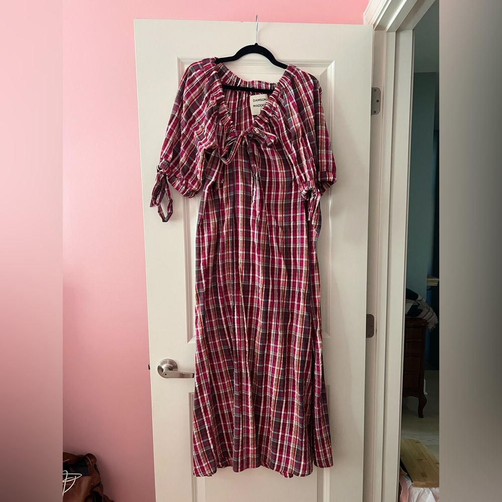 Damson Madder Cassandra Bow Midi Dress size UK 12/ US 8 plaid puff bow sleeves - Picture 3 of 6